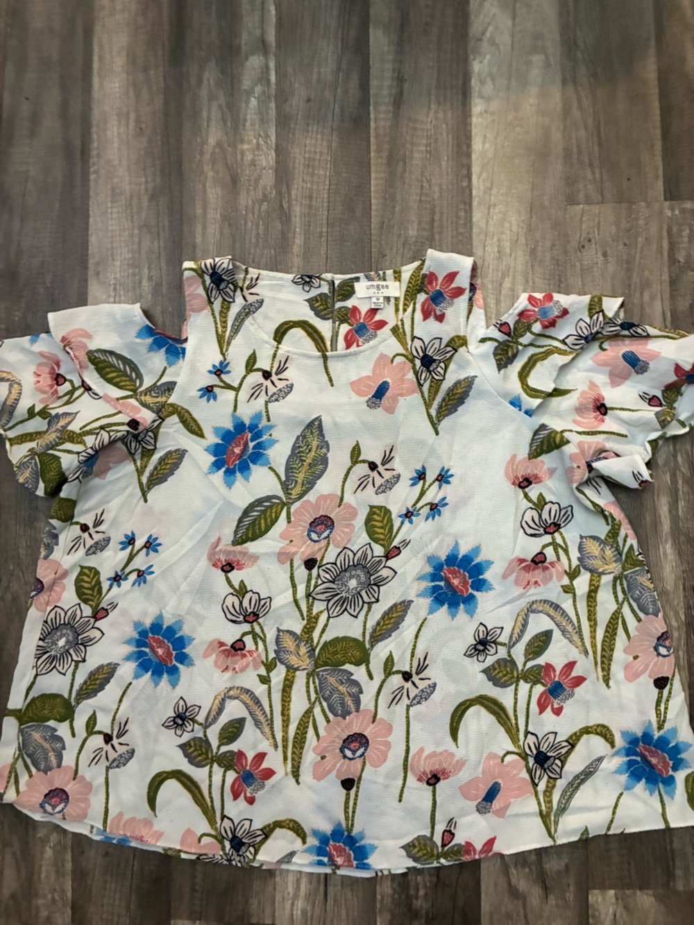 Umgee White Cold-Shoulder Floral Blouse with Pink, Blue and Green Print